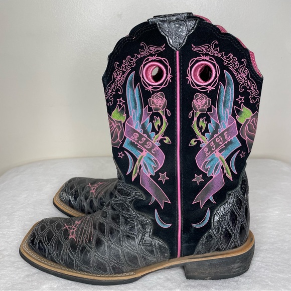 Ariat Rodeobaby Rocker Cowboy Boots Leather Suede Floral Black Pink Size 9 - Picture 7 of 14